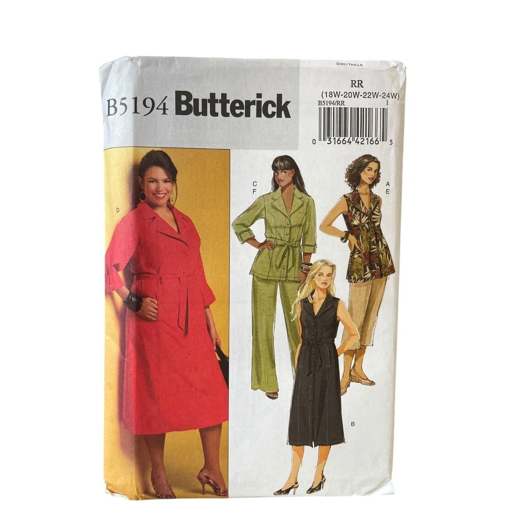 Butterick B5194 Womens Dress Top Shorts Pants Plus Size 18W-24W
